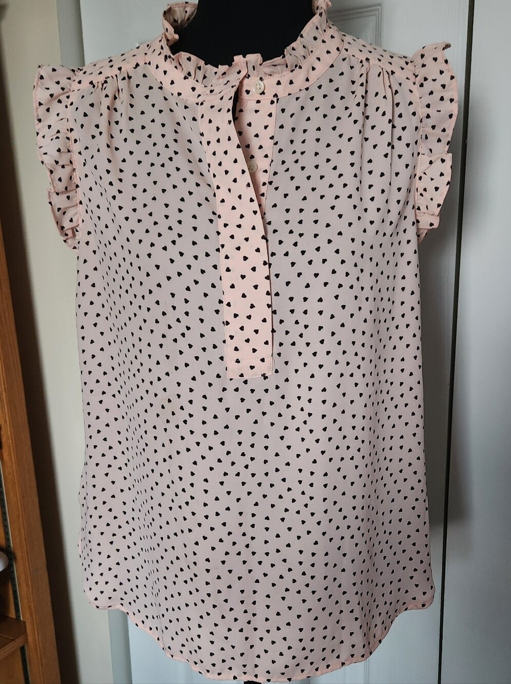 LOFT Pink Heart Print Ruffle Blouse